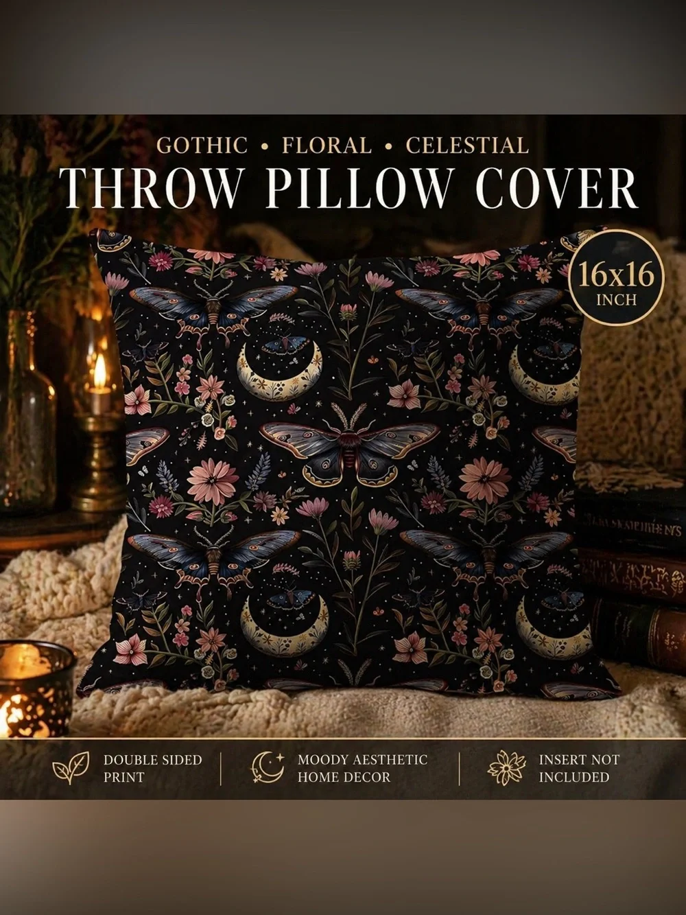 Dark Academia Gothic Moth Moon Floral Throw Pillow Cover 16x16 Celestial Dream